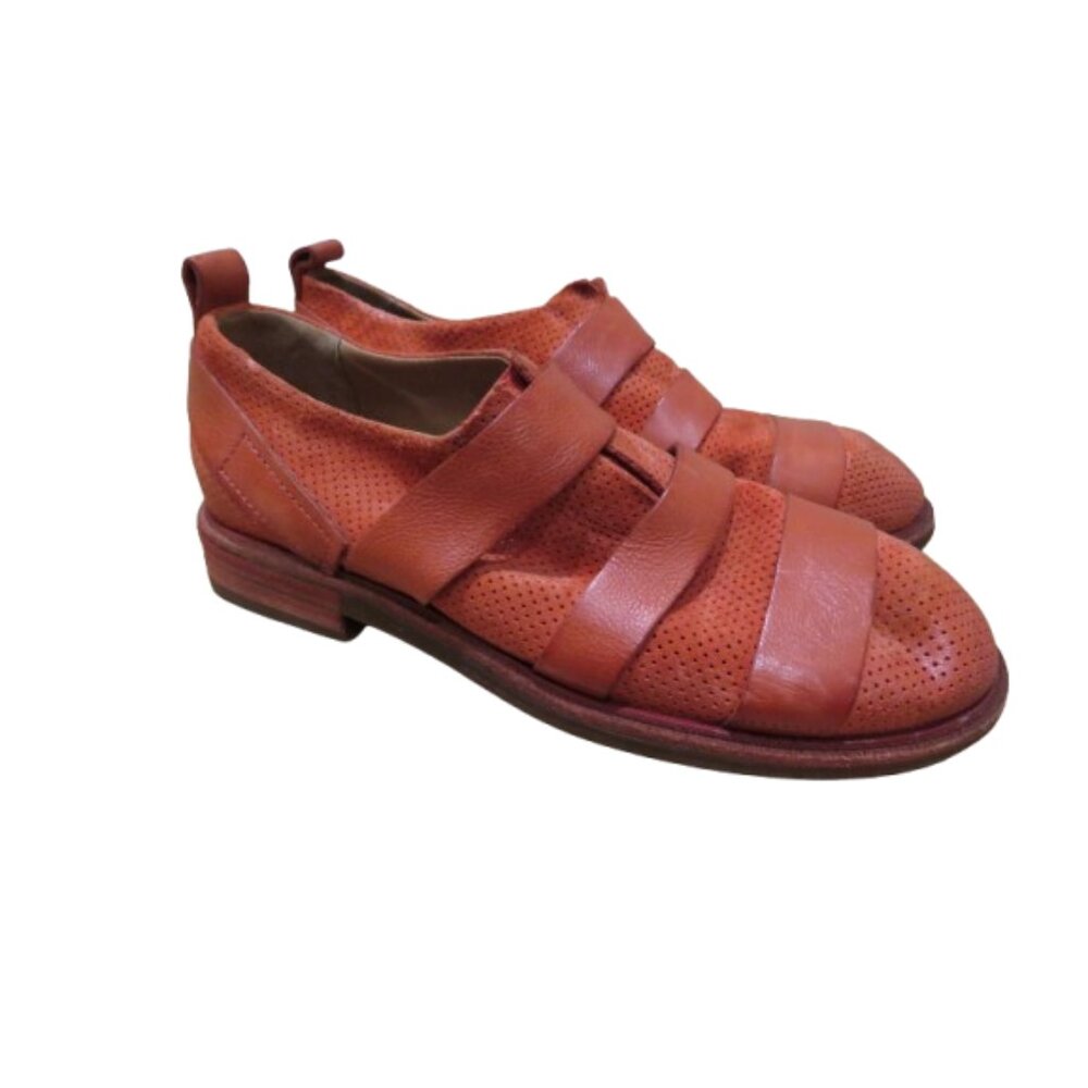 A.S. 98 Perforated Red Leather Bowling Oxford Slip On Flat Shoes Boho Mod Grunge